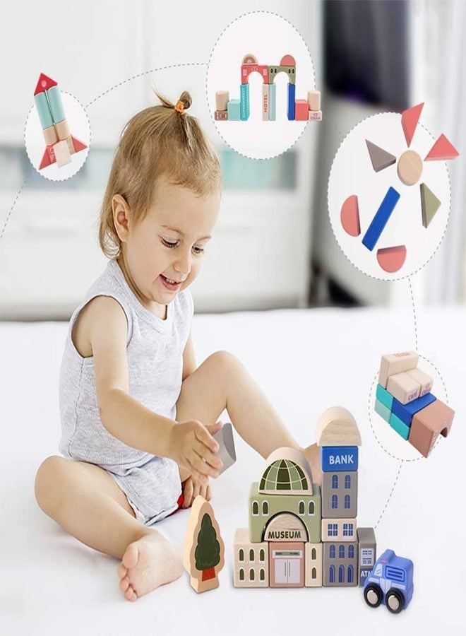 umbresen 115 Pcs Wooden City Building Blocks Set, Colorful Stacking Preschool Educational Toys for Toddlers Boys Girls Gifts with 20 Pcs Floor Jigsaw Puzzle and Storage Bag (City Building Toy Set) - Image 4